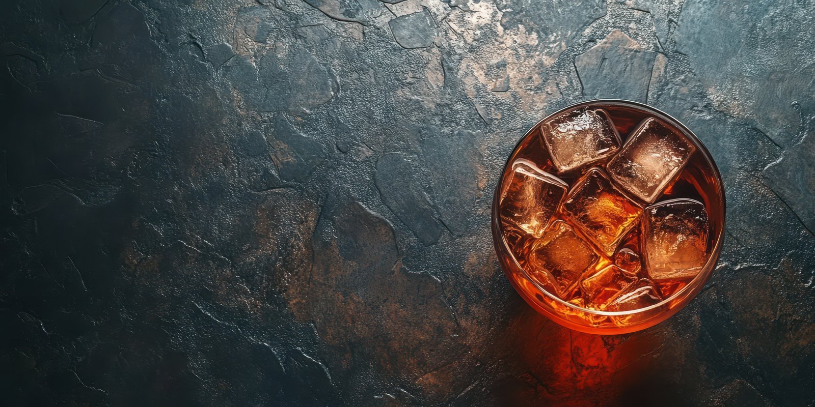 Glass of whiskey with ice cubes on a dark textured surface in a cozy bar setting